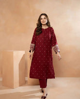 POP GARNET RED Embroidered 2Pc Stitched Dress Premium Dhanak.