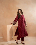 POP GARNET RED Embroidered 2Pc Stitched Dress Premium Dhanak.