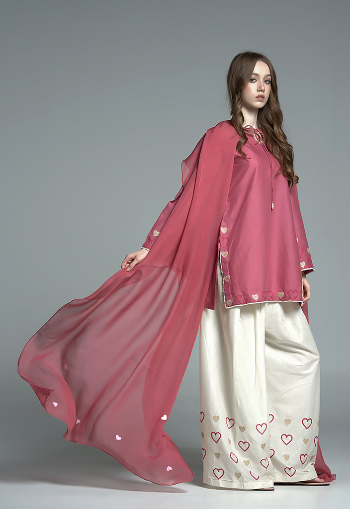 Pink Heart Embroidered Lawn Cotton 3 Pc Set.