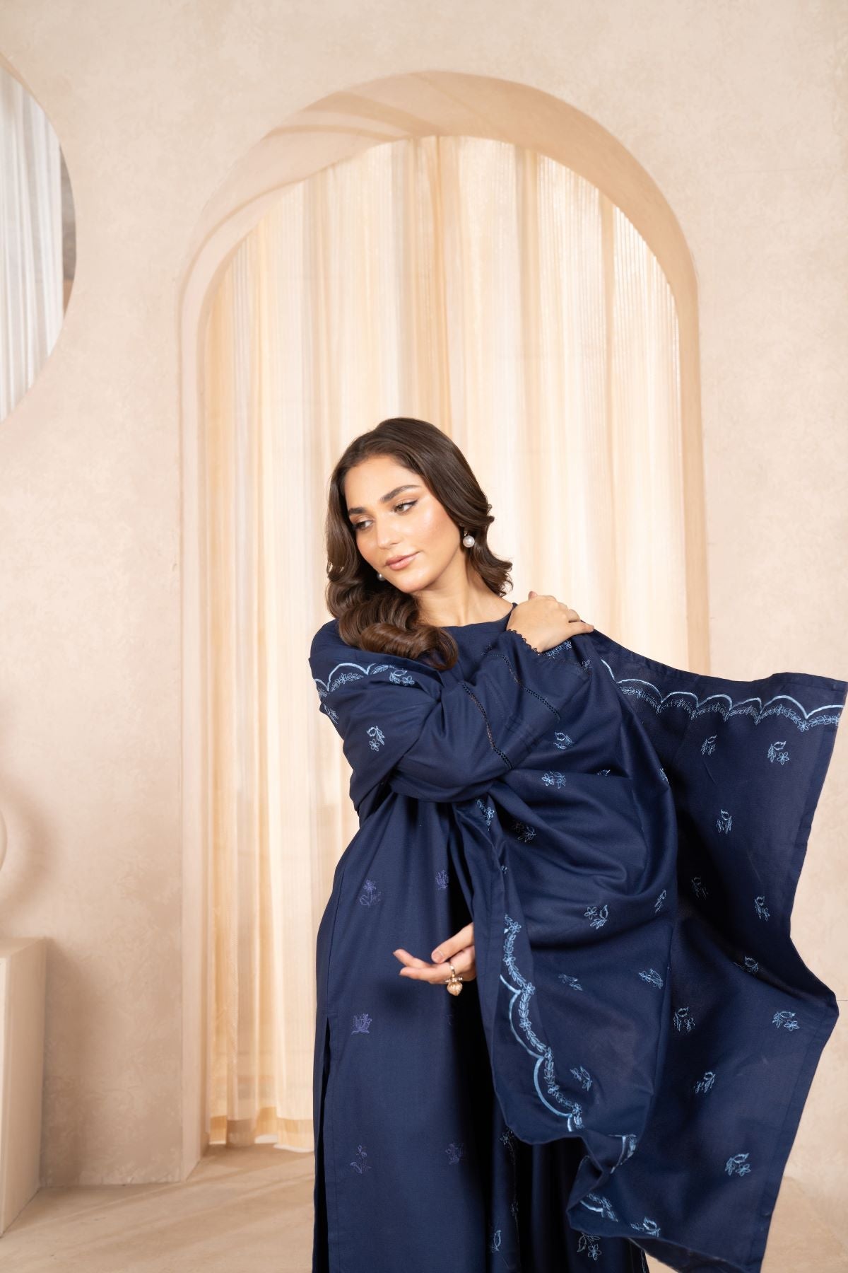BLUE ARZU EMBROIDERED 3-PIECE WITH SHAWL Stitched Dress.