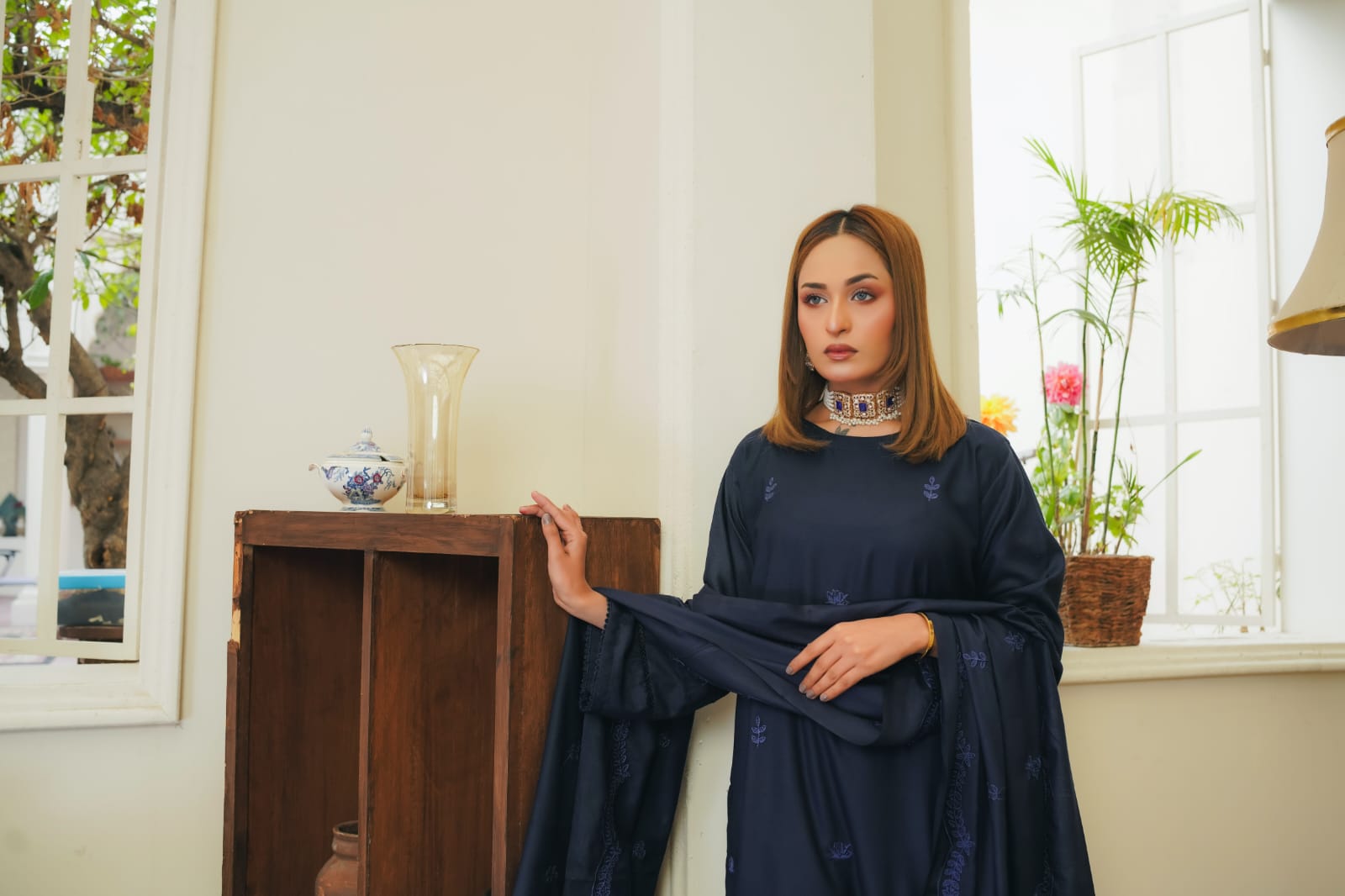BLUE ARZU EMBROIDERED 3-PIECE WITH SHAWL Stitched Dress.