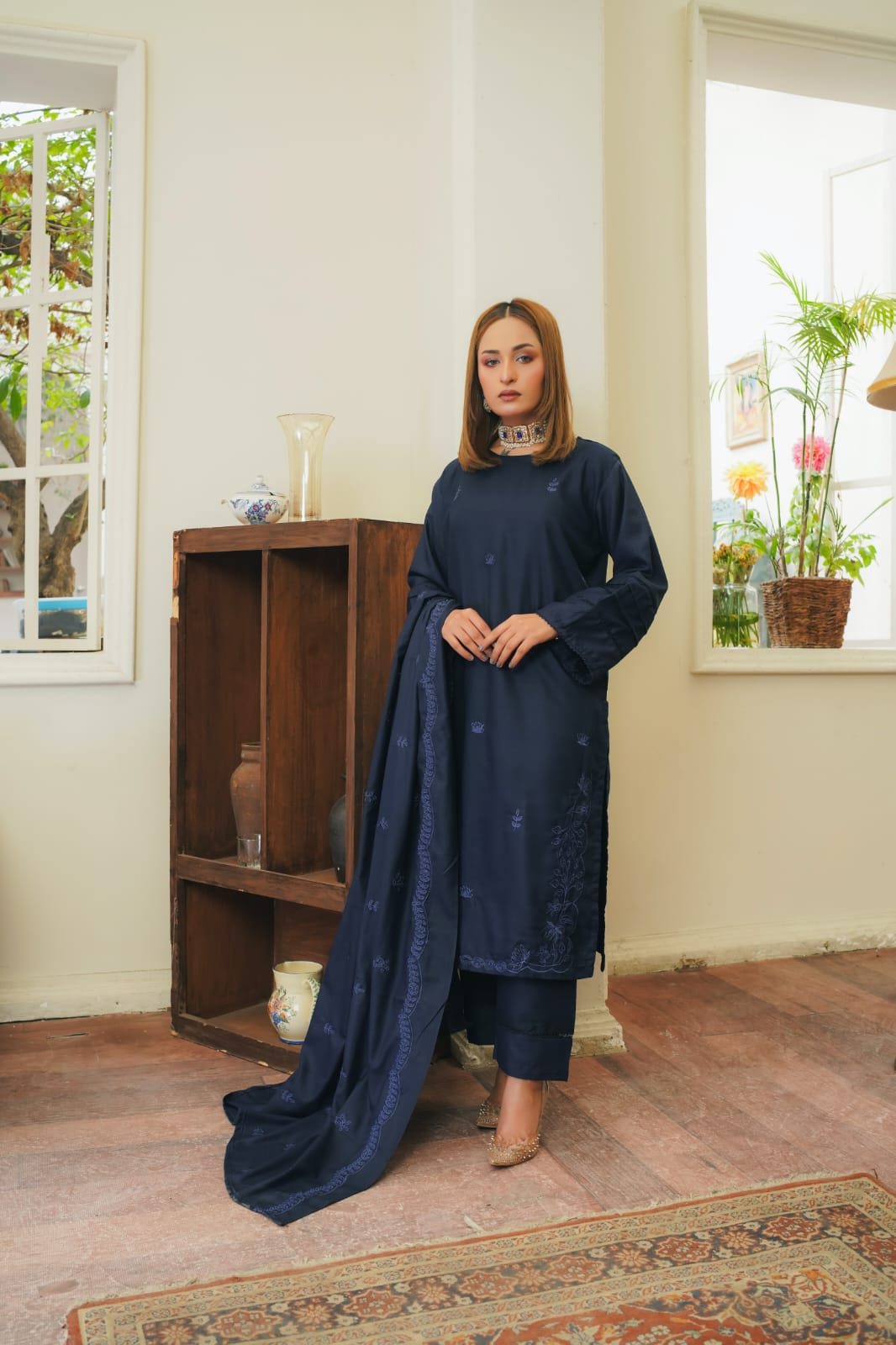 BLUE ARZU EMBROIDERED 3-PIECE WITH SHAWL Stitched Dress.