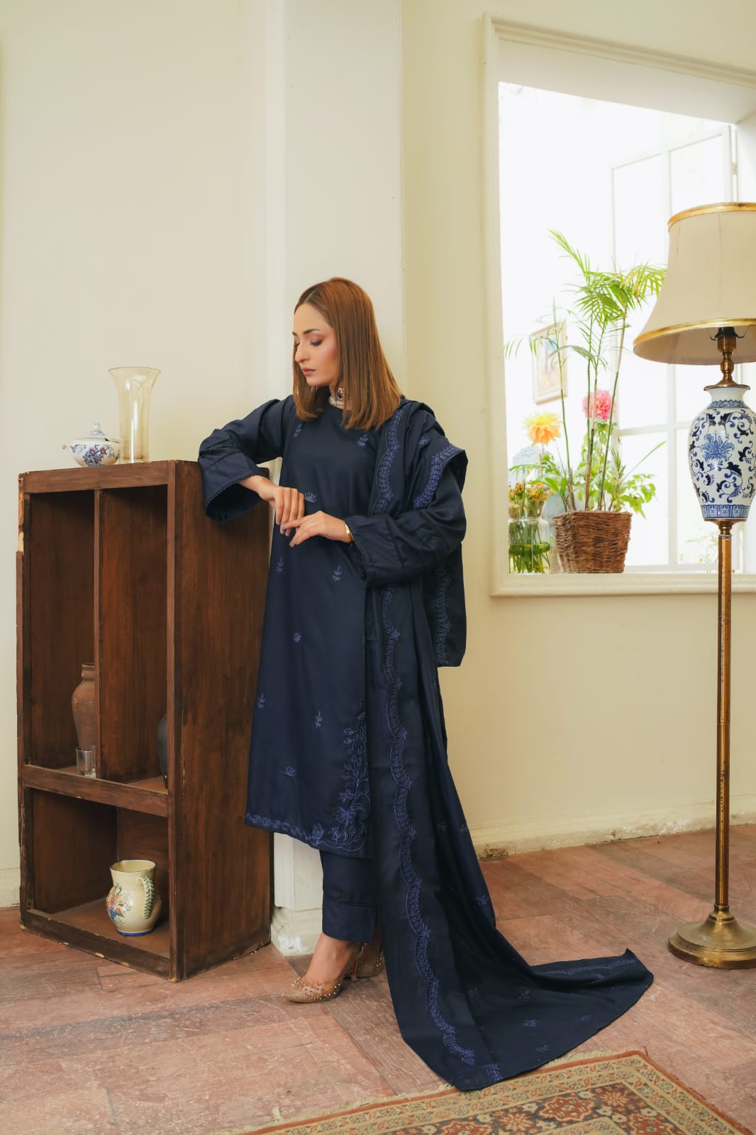 BLUE ARZU EMBROIDERED 3-PIECE WITH SHAWL Stitched Dress.