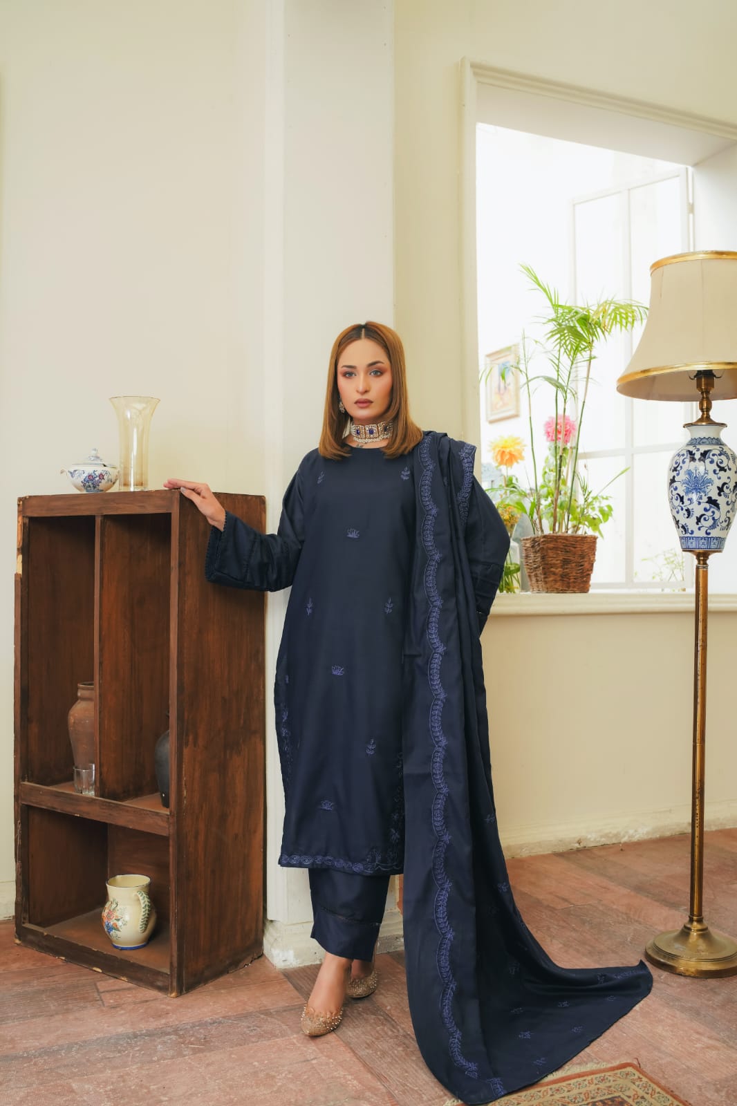 BLUE ARZU EMBROIDERED 3-PIECE WITH SHAWL Stitched Dress.