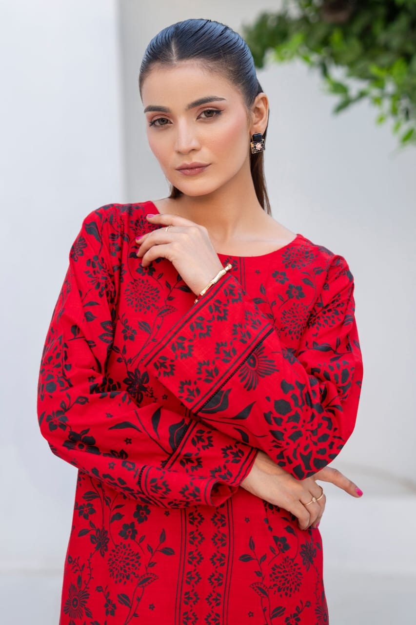 red block print dress Floral Hand Block Print Cotton Midi Dress: Kyra Soft Cotton